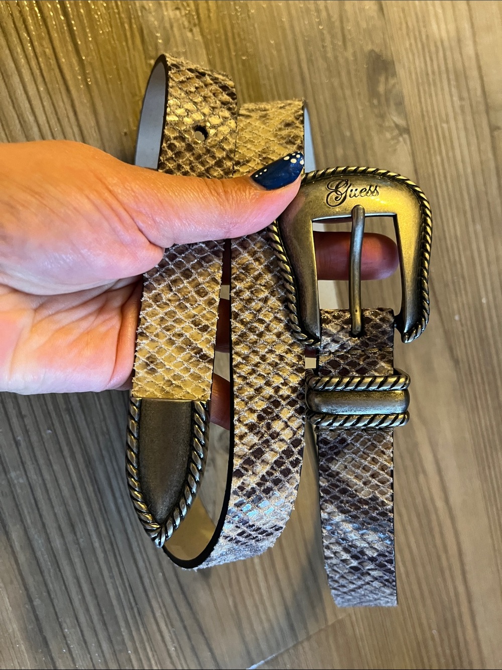 Guess Snake-Print Leather Belt in Beige and Brown with Embossed Buckle